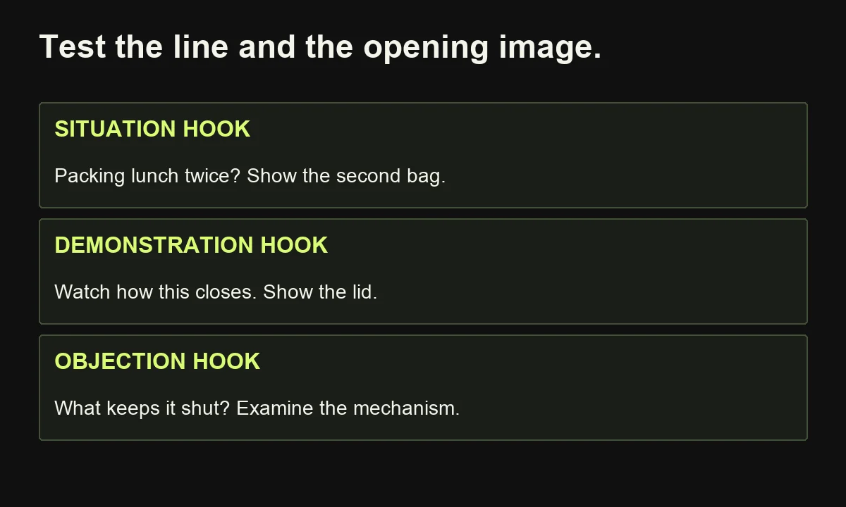 Three hypothetical lunch-container hooks pair a situation, demonstration or objection with a relevant opening image.