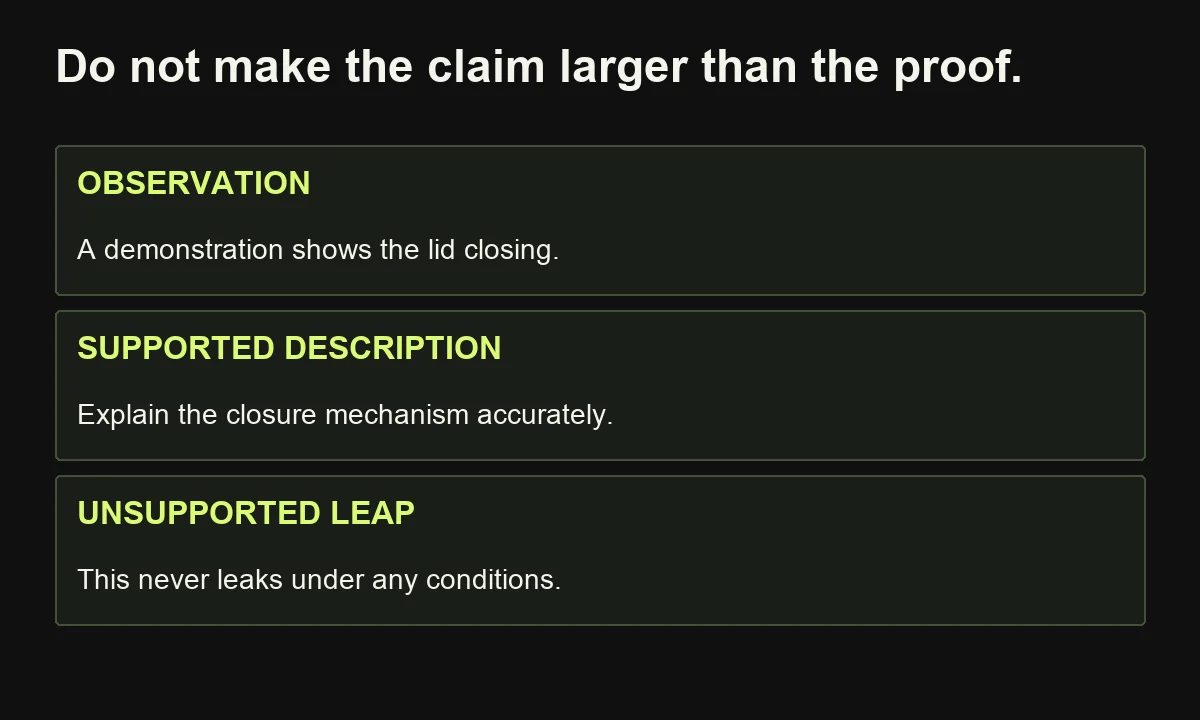 Showing a lid closing supports a mechanism description but does not establish a universal leakproof claim.