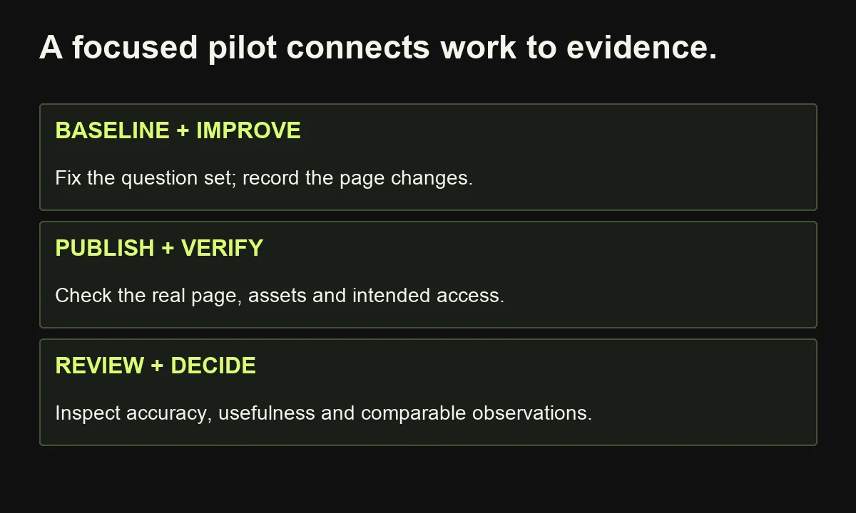 An AEO pilot preserves its baseline, verifies publication and reviews comparable observations alongside buyer usefulness.