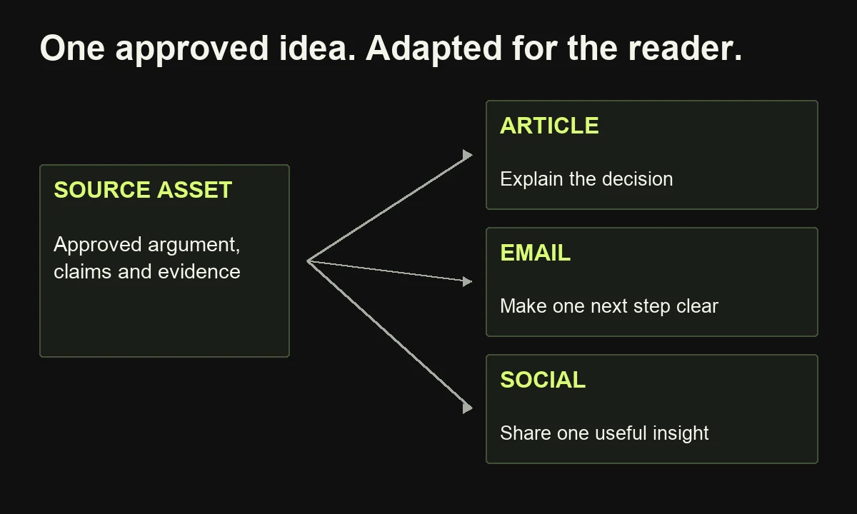 An approved source asset supports an article, email and social post, each adapted to a distinct reader need.