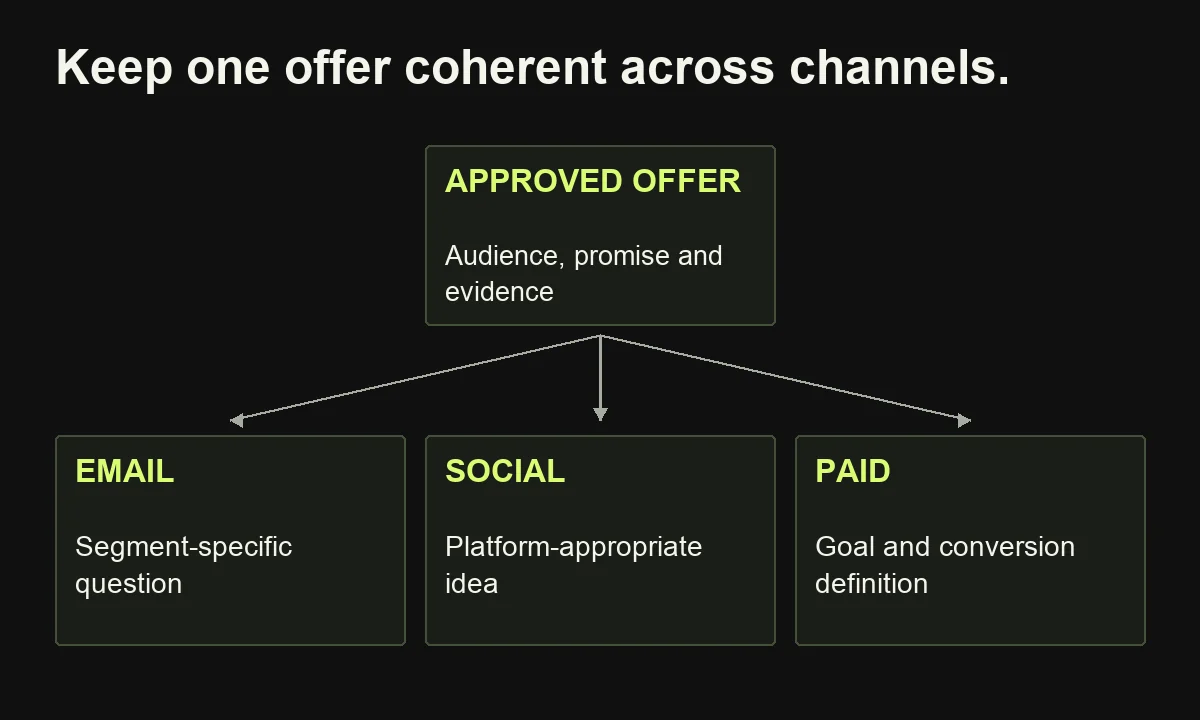An approved campaign offer supplies email, social and paid treatments while retaining the same promise and evidence.