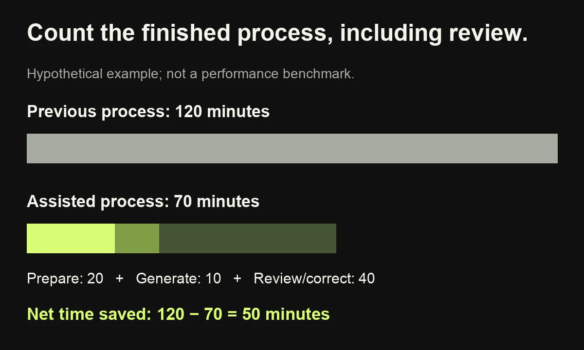 A hypothetical 120-minute task takes 70 assisted minutes: 20 preparing, 10 generating and 40 reviewing, leaving 50 minutes saved.