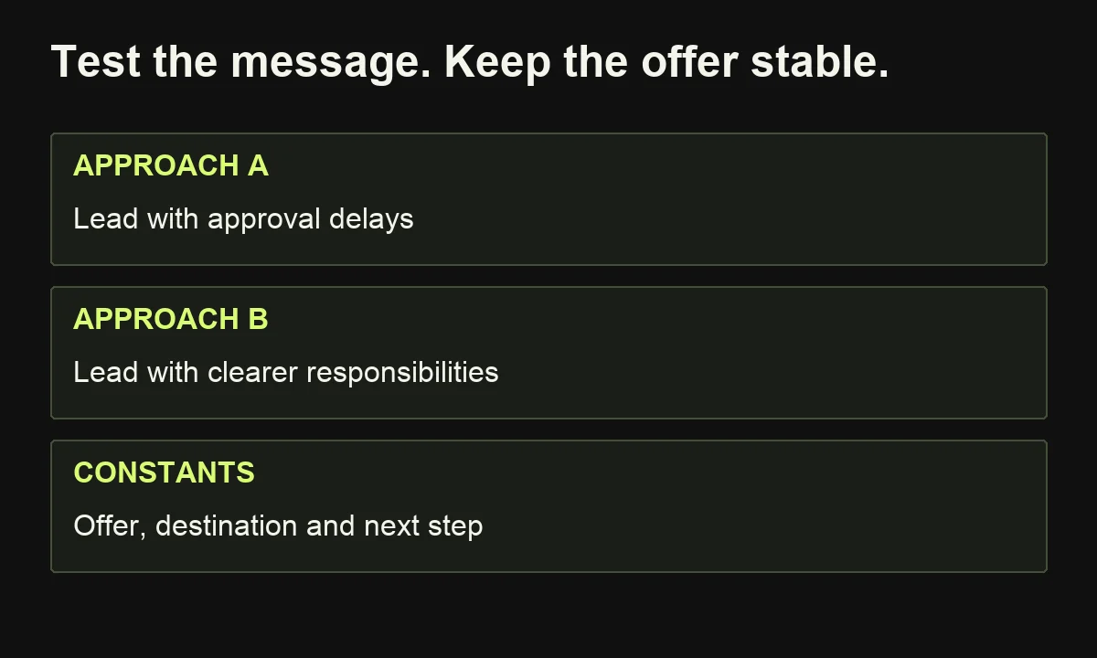 An illustrative message comparison changes the framing while keeping the offer, destination and next step consistent.