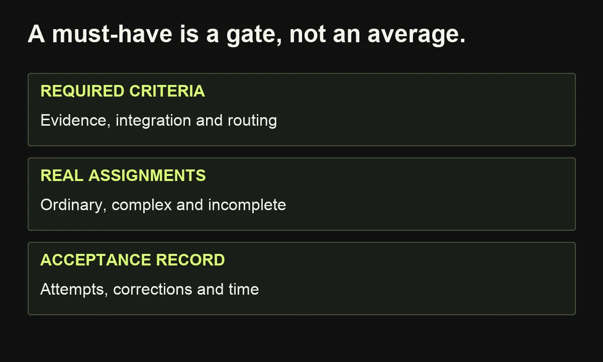 A tool evaluation checks required criteria on representative assignments before comparing acceptable results.