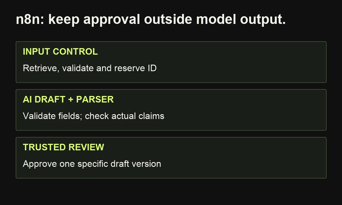 An illustrative n8n design reserves the input, validates structured drafts and obtains trusted approval for one version.