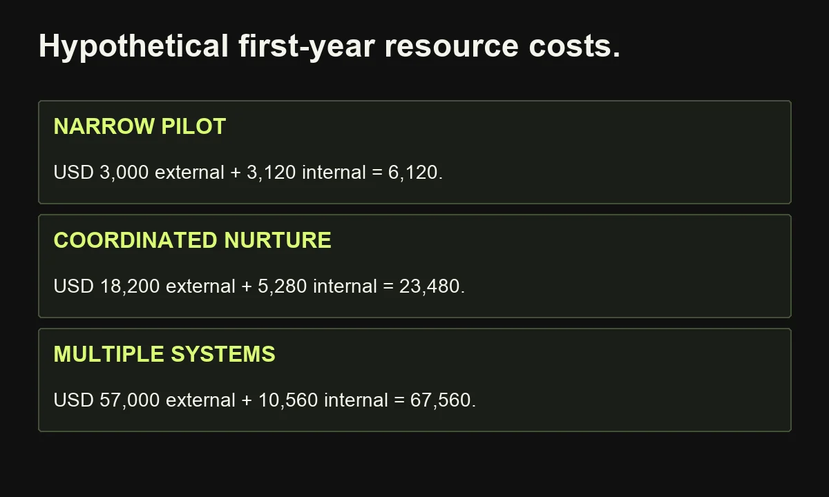 Three explicitly hypothetical first-year budget examples separate external spending from internal allocation and sum to 6,120, 23,480 and 67,560 US dollars.