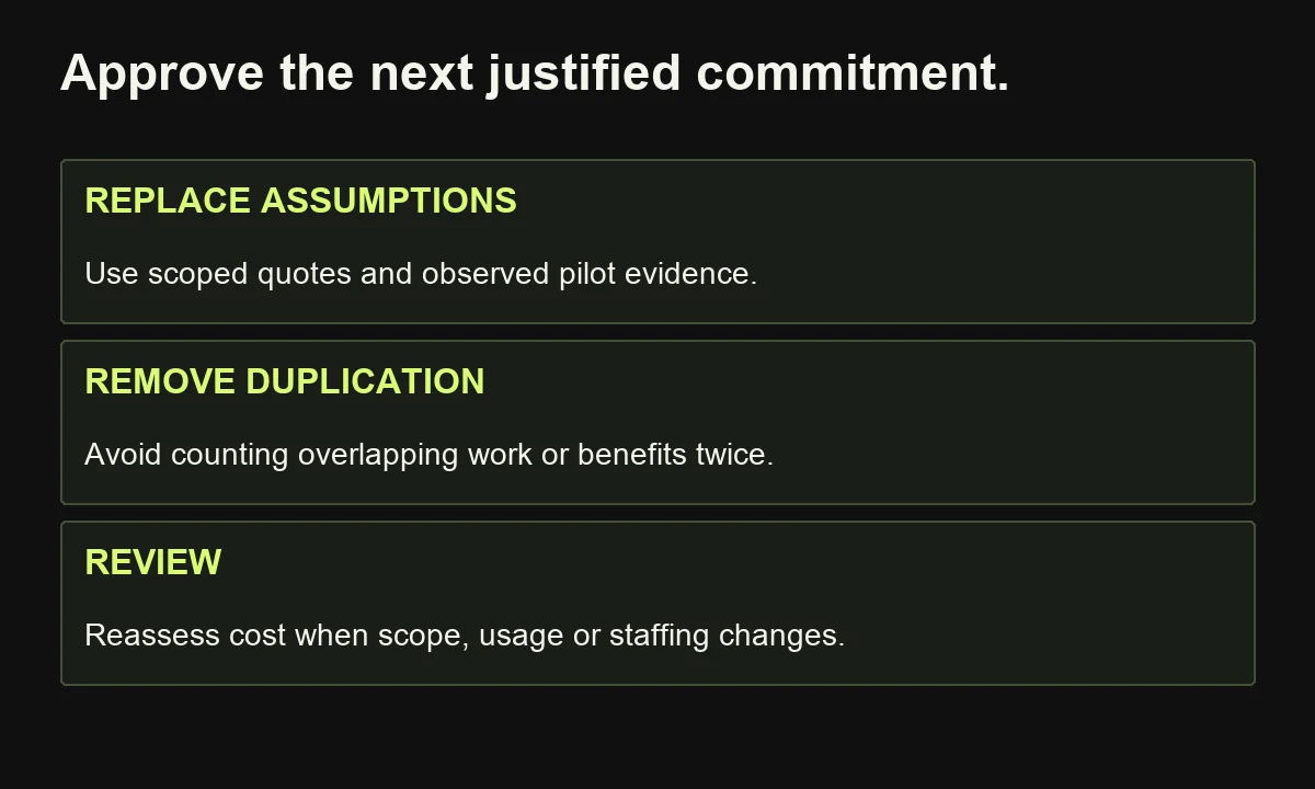 Use documented quotes and evidence, remove duplicate costs and review changing assumptions before expanding the budget.