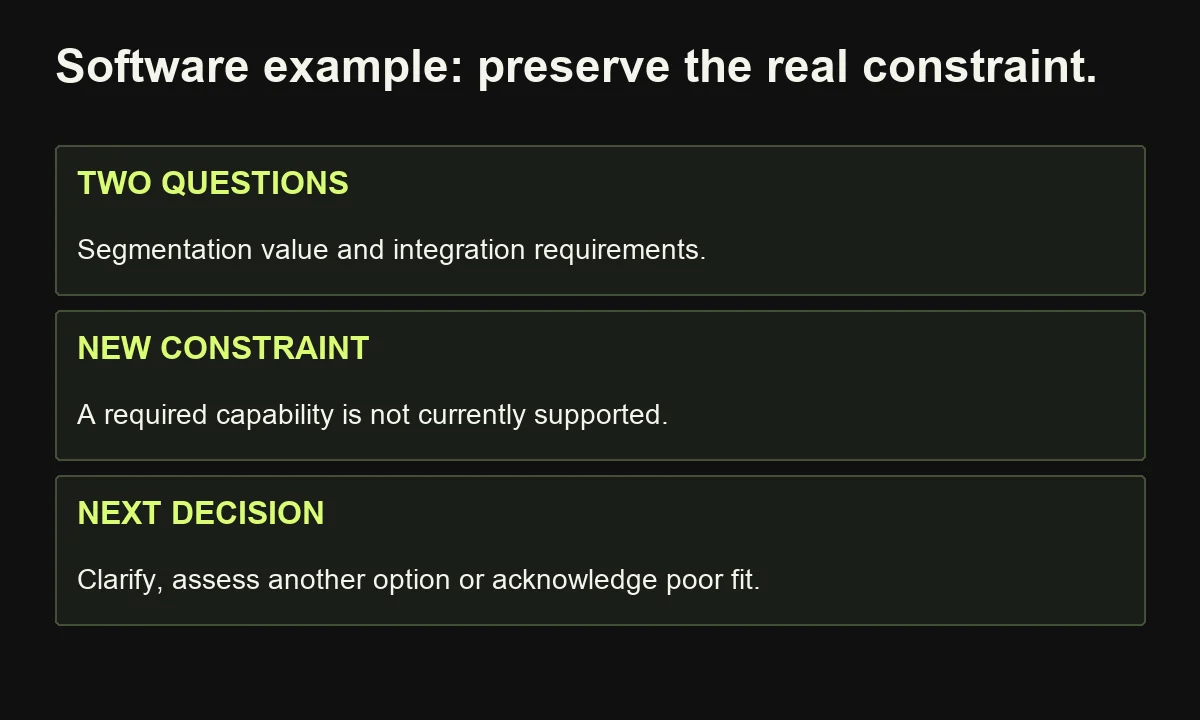 The hypothetical software evaluation preserves an unsupported requirement and supports an honest fit decision instead of continuing generic conversion messages.