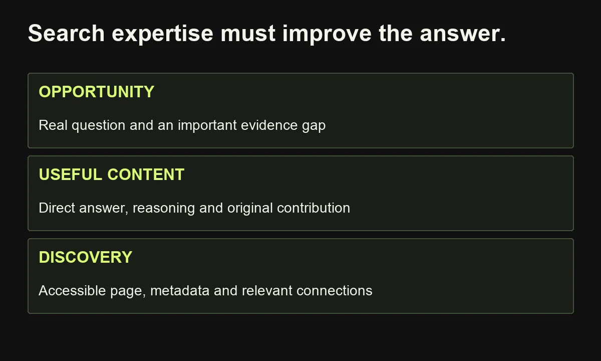 SEO, AEO and GEO expertise combines useful supported answers with sound discovery foundations; formatting does not guarantee placement.