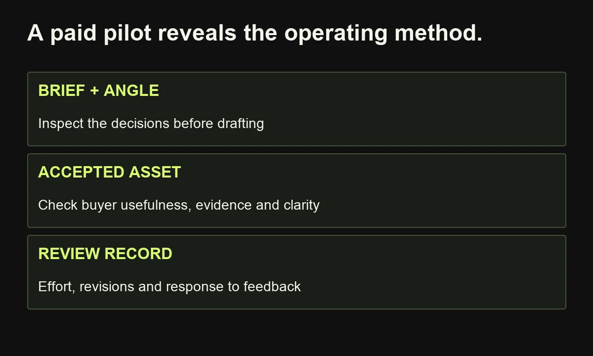 A paid pilot assesses the brief, accepted content and review process instead of promising search or revenue results from one article.