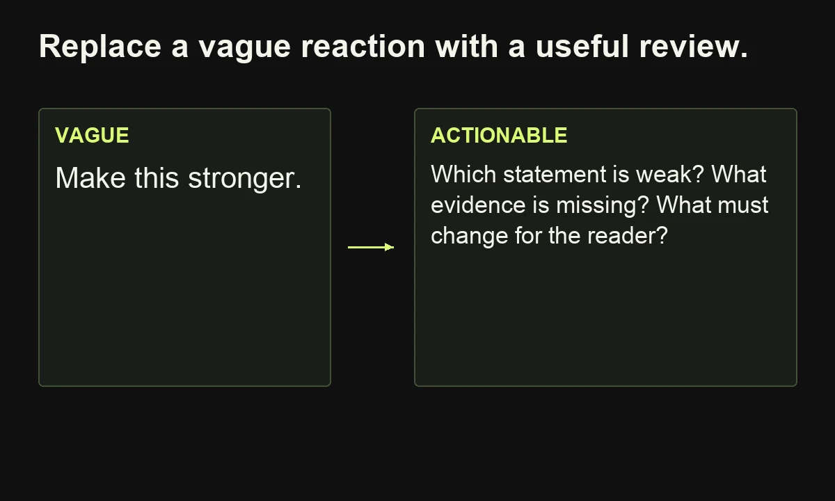 The feedback example replaces a general request to strengthen copy with questions about the specific statement, evidence and reader need.