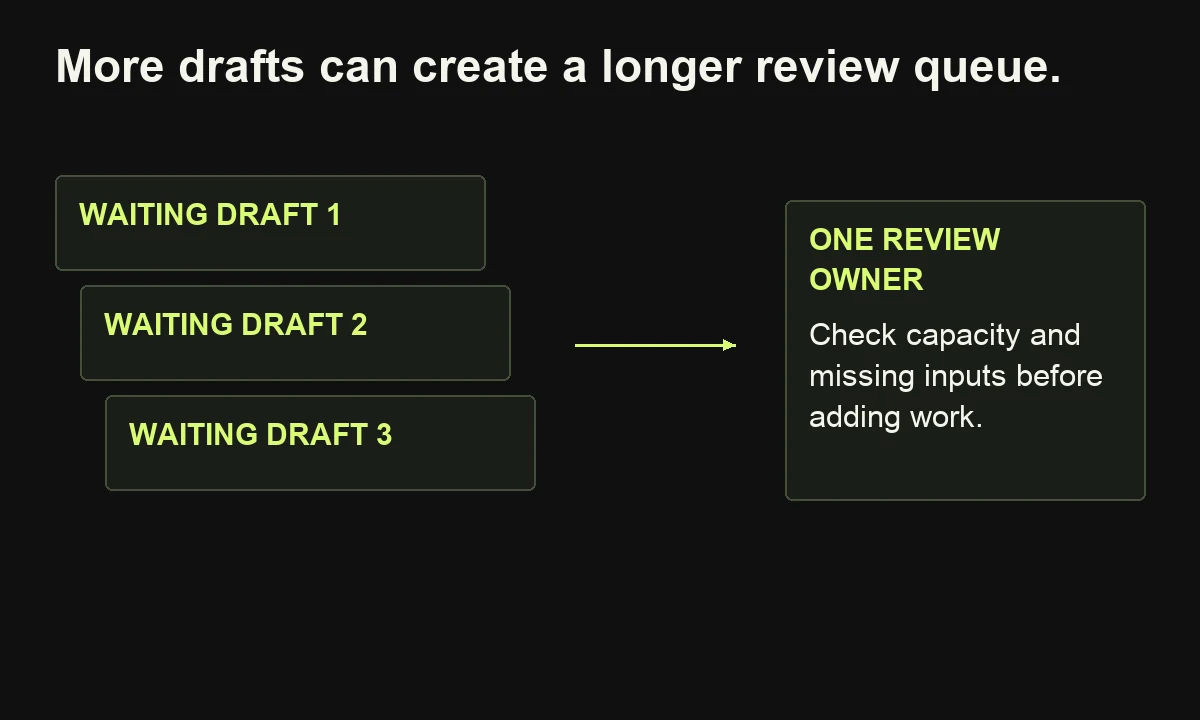 Three drafts queue for one reviewer, illustrating why additional writing capacity does not automatically resolve a review bottleneck.