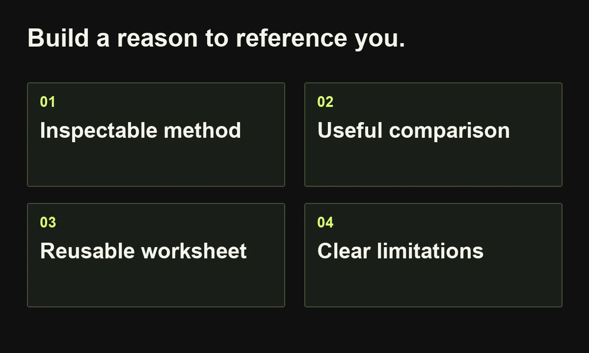 Build a reason to reference you. Inspectable method; Useful comparison; Reusable worksheet; Clear limitations.