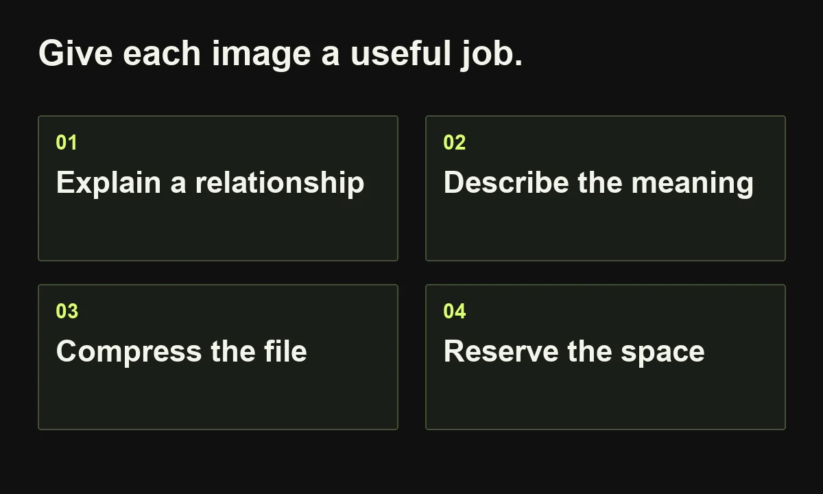 Give each image a useful job. Explain a relationship; Describe the meaning; Compress the file; Reserve the space.