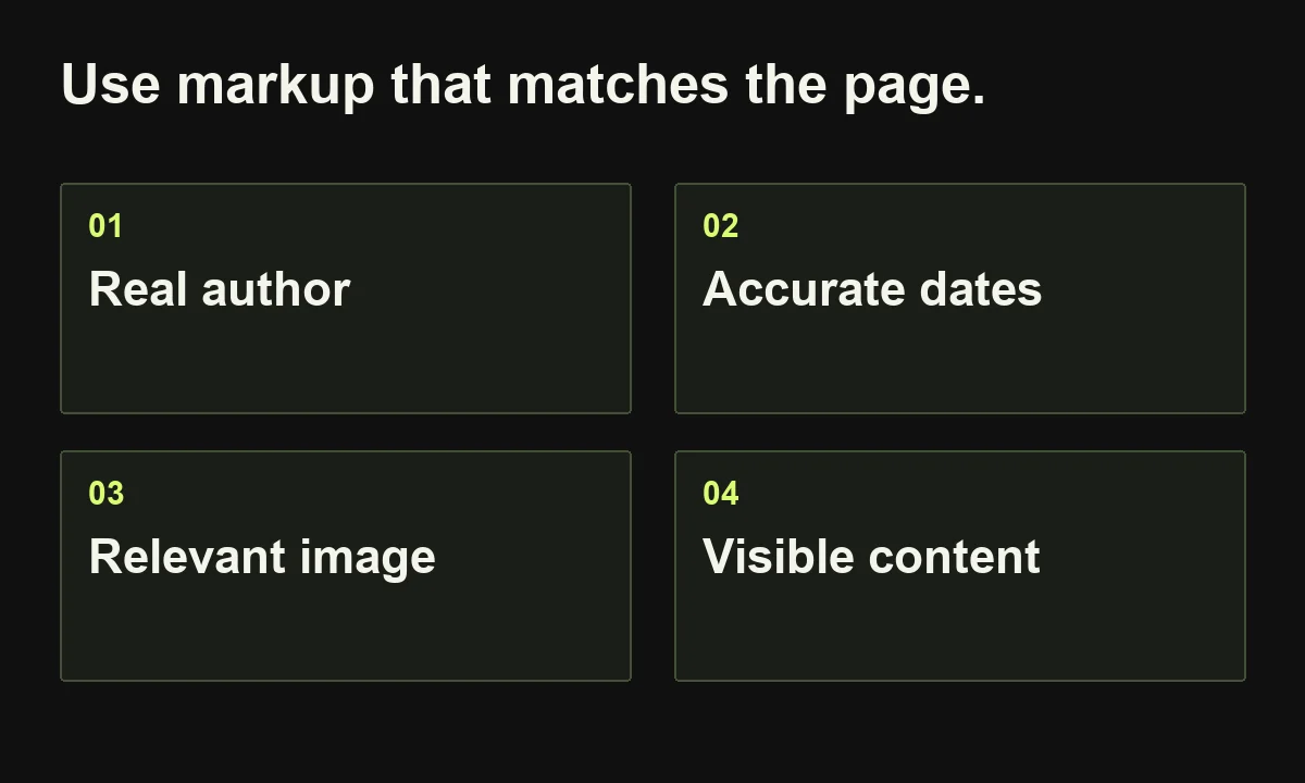 Use markup that matches the page. Real author; Accurate dates; Relevant image; Visible content.