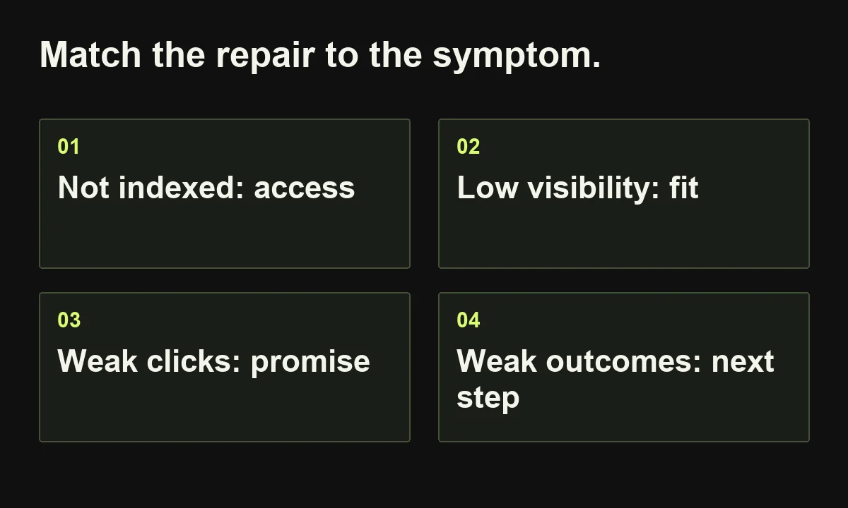Match the repair to the symptom. Not indexed: access; Low visibility: fit; Weak clicks: promise; Weak outcomes: next step.