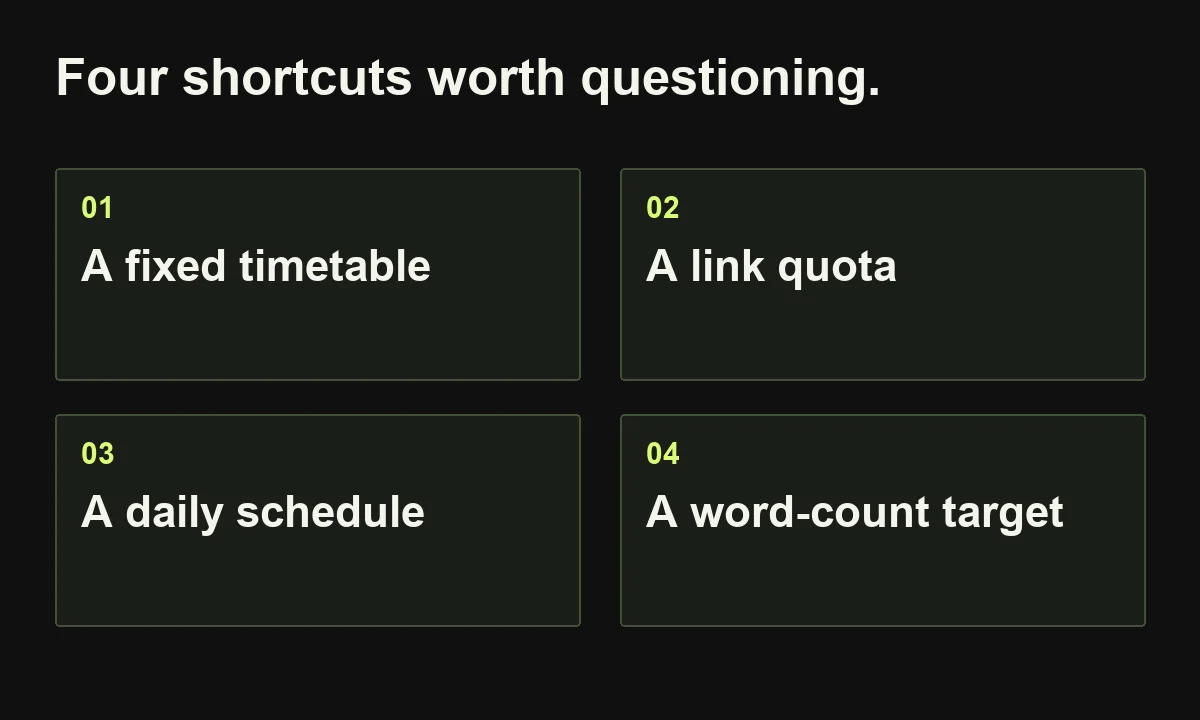 Four shortcuts worth questioning. A fixed timetable; A link quota; A daily schedule; A word-count target.