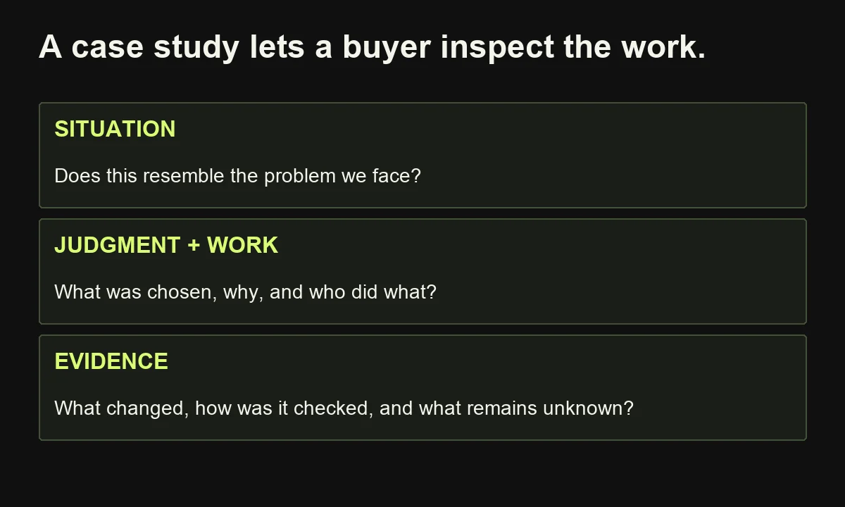 A case study connects a relevant situation to project judgment, implementation and inspectable outcome evidence.