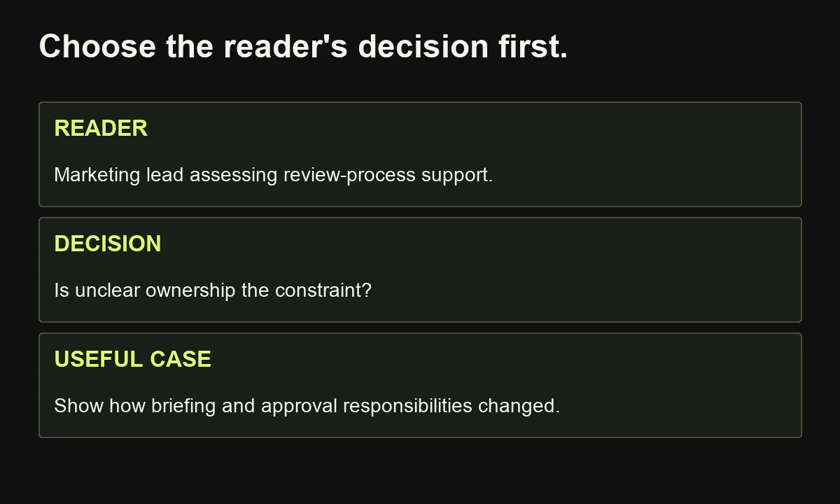 An illustrative case-study commission connects a marketing reader's approval-process decision to relevant project evidence.