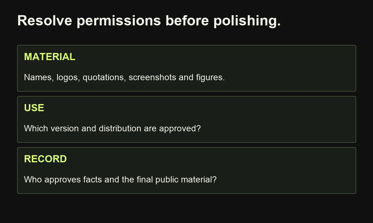 Case-study production records permitted material, approved uses and the owners of factual and final review.