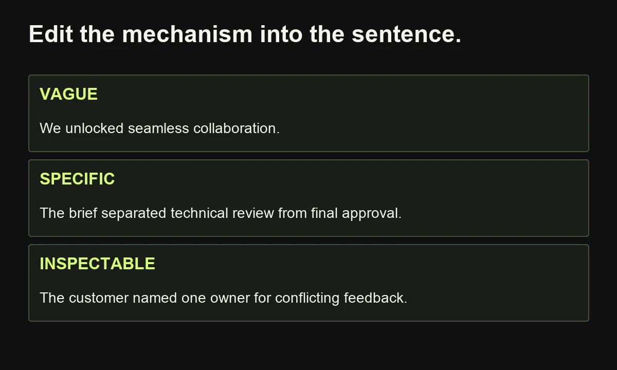 A worked edit replaces a vague collaboration claim with the specific changes to review roles and approval ownership.