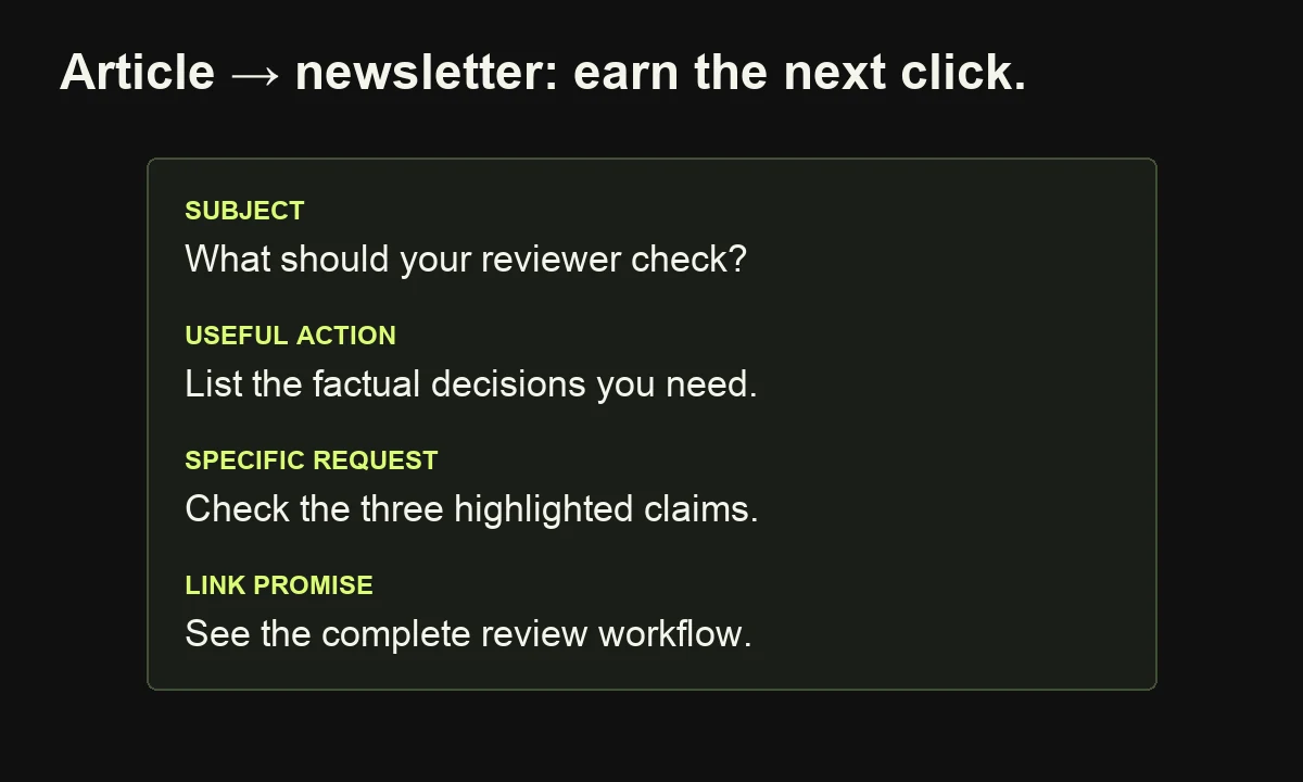 A hypothetical newsletter gives a useful review action and a specific request before explaining what the linked guide adds.