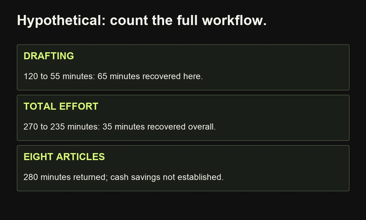 In the hypothetical example drafting saves 65 minutes, but total work saves only 35 minutes per article, or 280 minutes across eight articles.