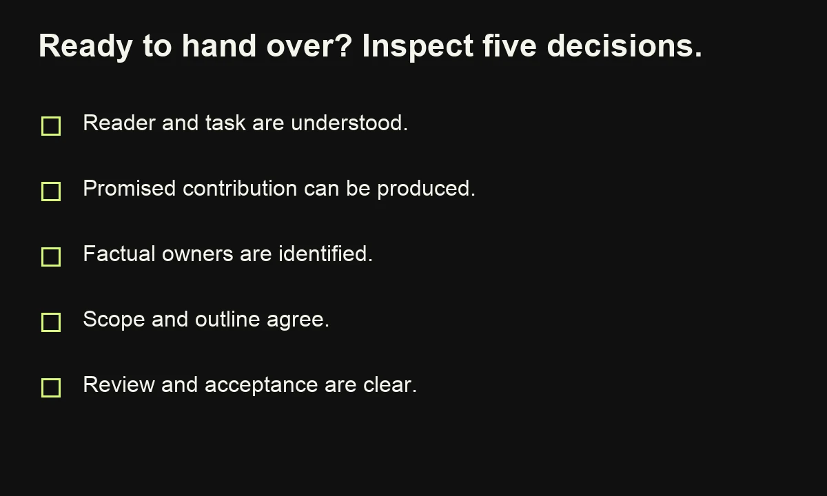 Five brief-readiness checks cover shared understanding, deliverable contribution, factual ownership, scope and review.